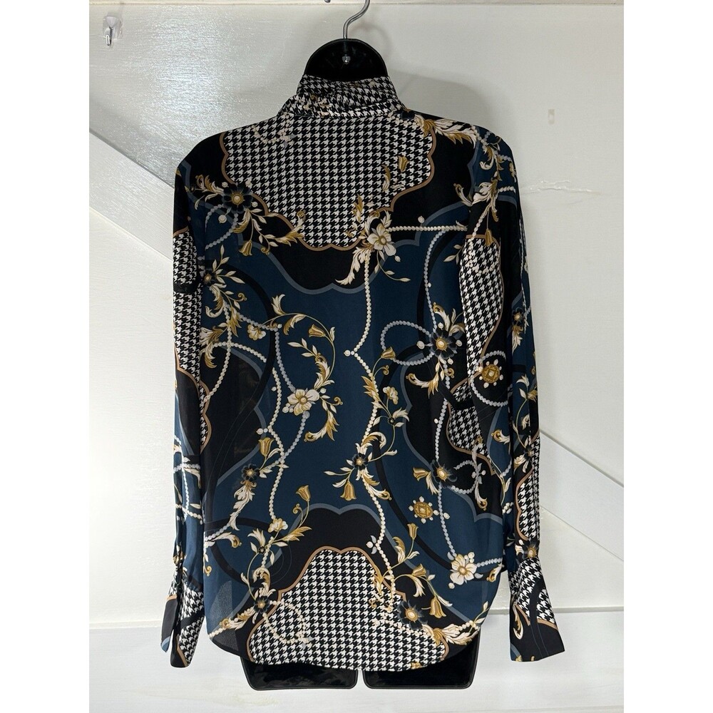 Ann Taylor Bow Tie Blouse Teal Pearl Print Equestrian Long Sleeve Size Small - Picture 11 of 13
